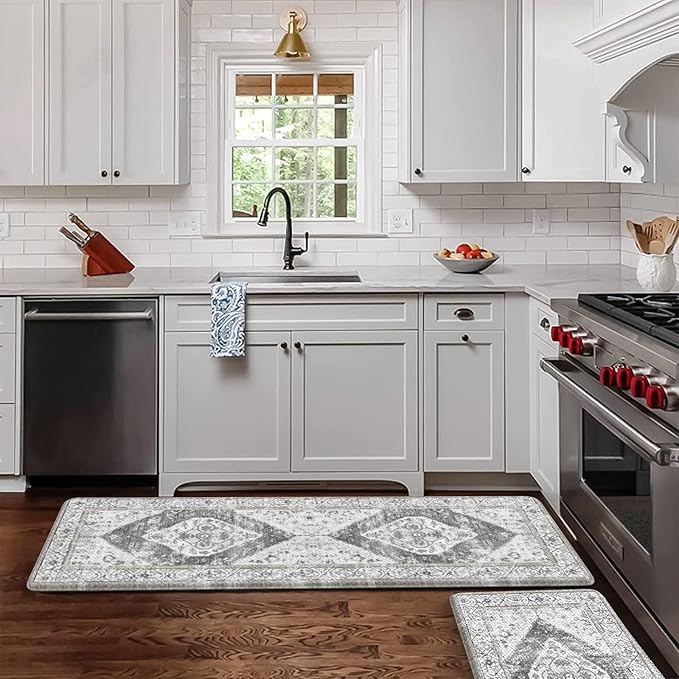 KIMDOE Kitchen Rugs 2PCS Cushioned Anti Fatigue Kitchen Mat Non-Skid Waterproof Kitchen Runner Rug Ergonomic Comfort Foam Standing Mat for Kitchen Decor,Grey