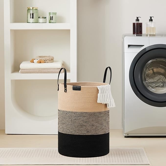 VIPOSCO Tall Laundry Basket, Large Dirty Clothes Hamper with Leather Handle, Woven Rope Storage Basket for Blanket, Toy In Living Room, Bathroom, Bedroom - 58L Brown & Black
