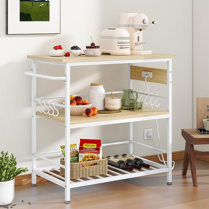 IBUYKE Kitchen Island with 3 Shelves, Island Table for Kitchen with Power Outlet,Kitchen Cart with Large Worktop,Rolling Bar Cart for Home, Outdoor, Kitchen TMJ024R