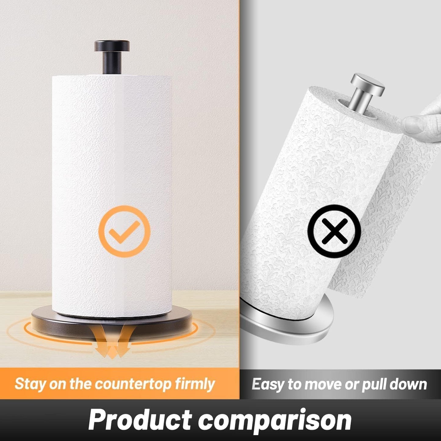 VEHHE Black Paper Towel Holder Countertop, Stainless Steel Paper Towel Holder Stand with Weighted Base Suction Cups for Kitchen Bathroom