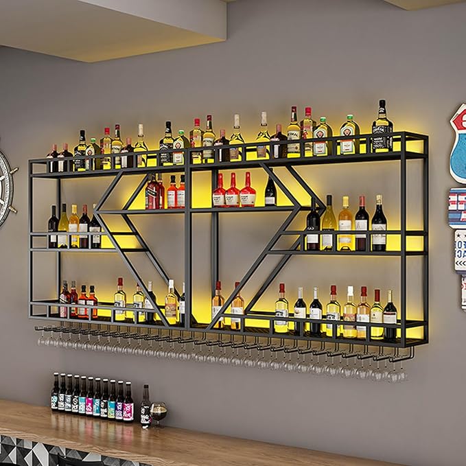79in Wall Mounted Wine Rack, Large Metal Wine Bottle Holder, 3 Tier Modern Fashion Diamond Shaped Floating Bar Unit Wine Storage Shelves, for Home Restaurant Bars Decor (Black, 3 Tier - 79in)