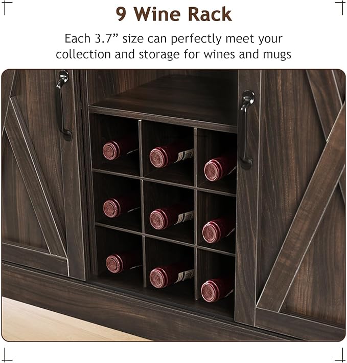 4ever2buy Farmhouse Coffee Bar Cabinet with 4 Mug Hooks, 72 Inch Wine Bar with with Hutch and 2 Sliding Barn Doors, Tall Coffee Bar with 9 Wine Racks for Living Dining Room, Dark Oak