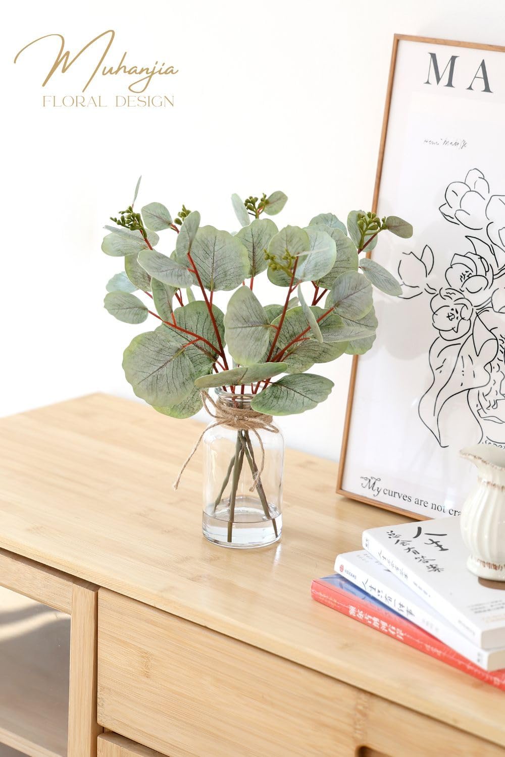 Artificial Eucalyptus Stems in Glass Vase with Faux Water,5Pcs Fake Plant with Double-Sided Leaves and Green Seeds for Centerpiece (Double-Sided Green Eucalyptus with Seed)