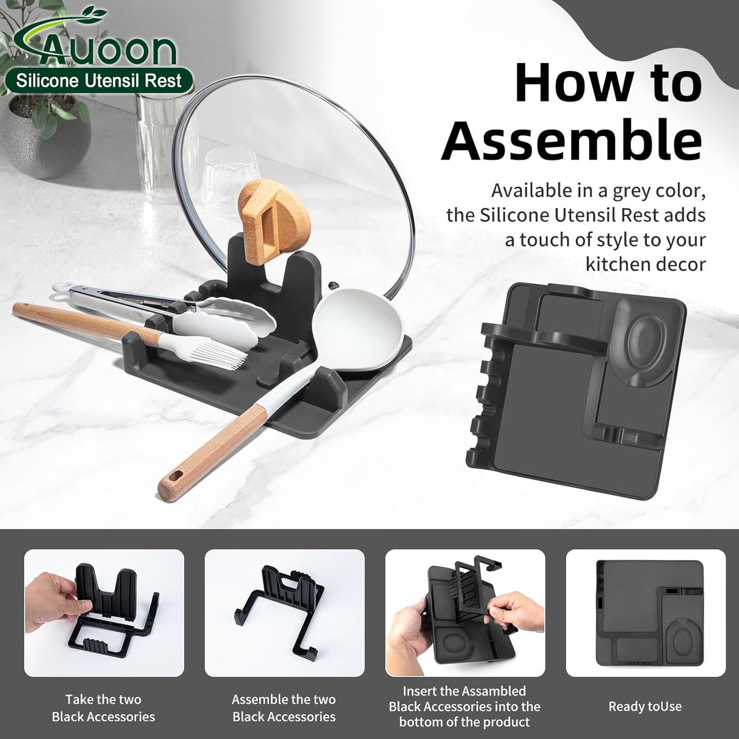 AUOON Spoon Rest for Stove Top - Silicone Utensil Rest with Drip Pad for Kitchen Counter | Practical Kitchen Gadgets for Cooking | Dishwasher Safe (Grey, Large)