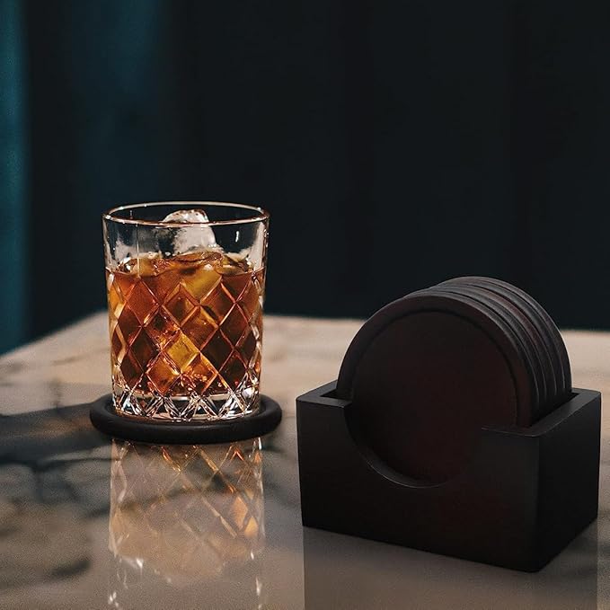 Mu&Ti Walnut Black Wood Coaster, Natural Wooden 6-Piece Coaster, with Stand, for Organic Dinner Decoration Core on Home Desk