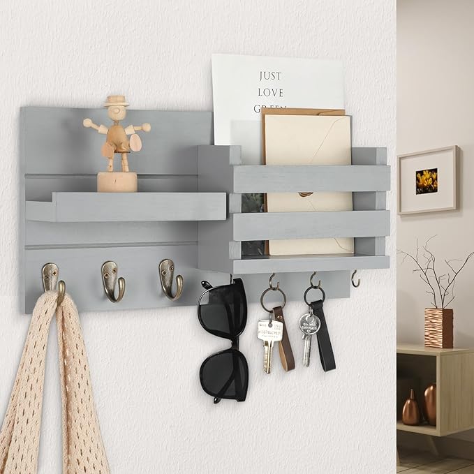Mail Organizer for Wall Mount – Key Holder with Shelf Includes Letter Holder and Hooks for Coats, Dog Leashes – Rustic Wood with Flush Mounting Hardware (16.5” x 8.7” x 3.5”) (Gray)