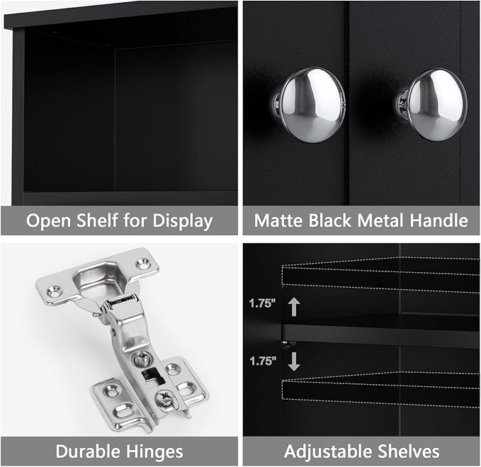 Over The Toilet Storage Cabinet, Over The Toilet Storage with Adjustable Shelf and Double Doors, Above Toilet Storage Cabinet for Bathroom Storage Over Toilet Bathroom Organizer (Black)