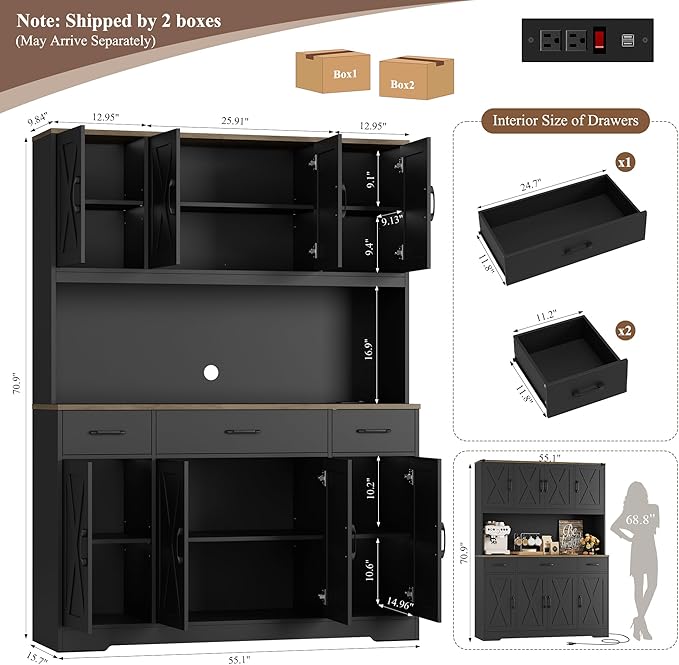 HOSTACK 71" Tall Kitchen Pantry Storage Cabinet with Charging Station, 55" Wide Kitchen Hutch Cabinet with Large Countertop, Farmhouse Food Pantry with Drawers for Living Room (Black)