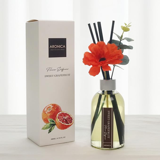 Aronica Grapefruit Reed Diffuser, Room Scent Diffuser with Red Flower, Difusor De Varillas, Aesthetic Room Decor, Apartment House Bathroom Essentials, Air Fresheners for Home Long Lasting