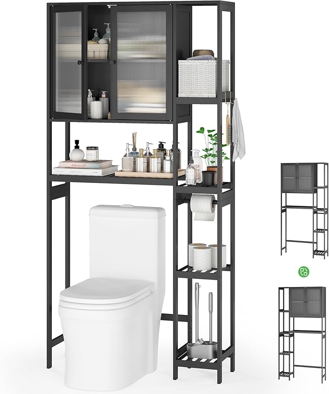 Over The Toilet Storage Cabinet Above Toilet Bathroom Organizer with Toilet Paper Holder Stand Bath Organizer with Adjustable Shelves & Acrylic Doors,Anti-Tip Device (Black, 3 Tiers with Cabinet)