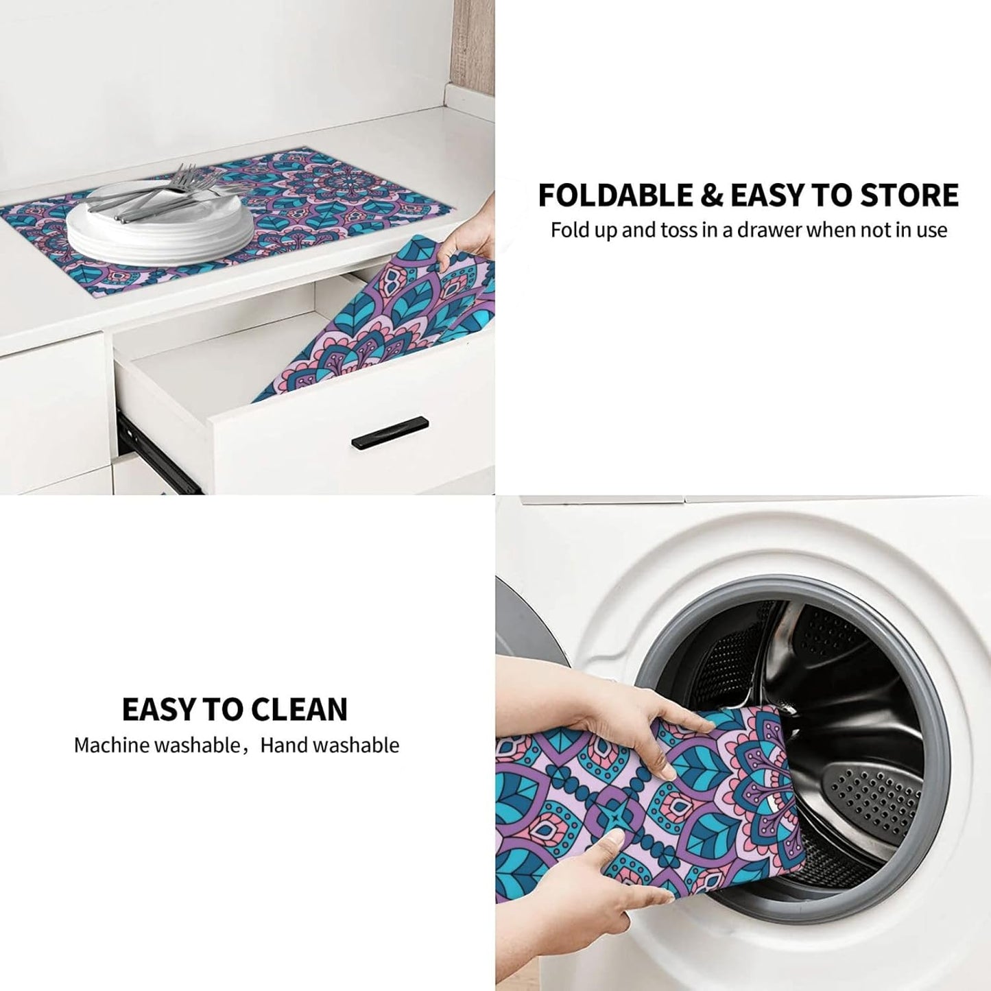 Boho Blue Purple Floral Pattern Dish Drying Mat 18x24 For Kitchen Counter Absorbent Microfiber Dishes Pad Dish Drainer Rack Mats Fast Dry Kitchen Accessories