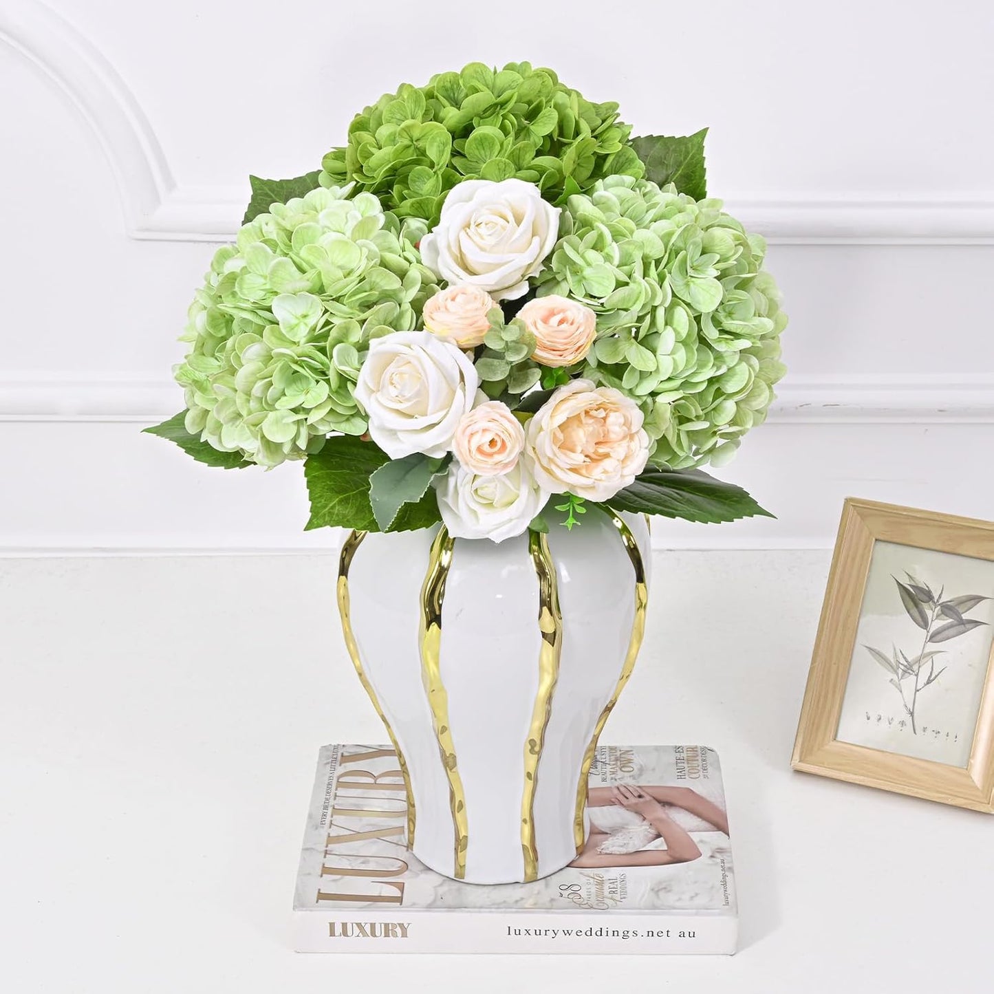 Artflower 4Pcs Real Touch Hydrangea Artificial Flowers, 22.5'' Light Green & Dark Green Full Latex Faux Hydrangea Flowers for Home Floral Arrangements Wedding Bouquets Table Centerpiece Decorations