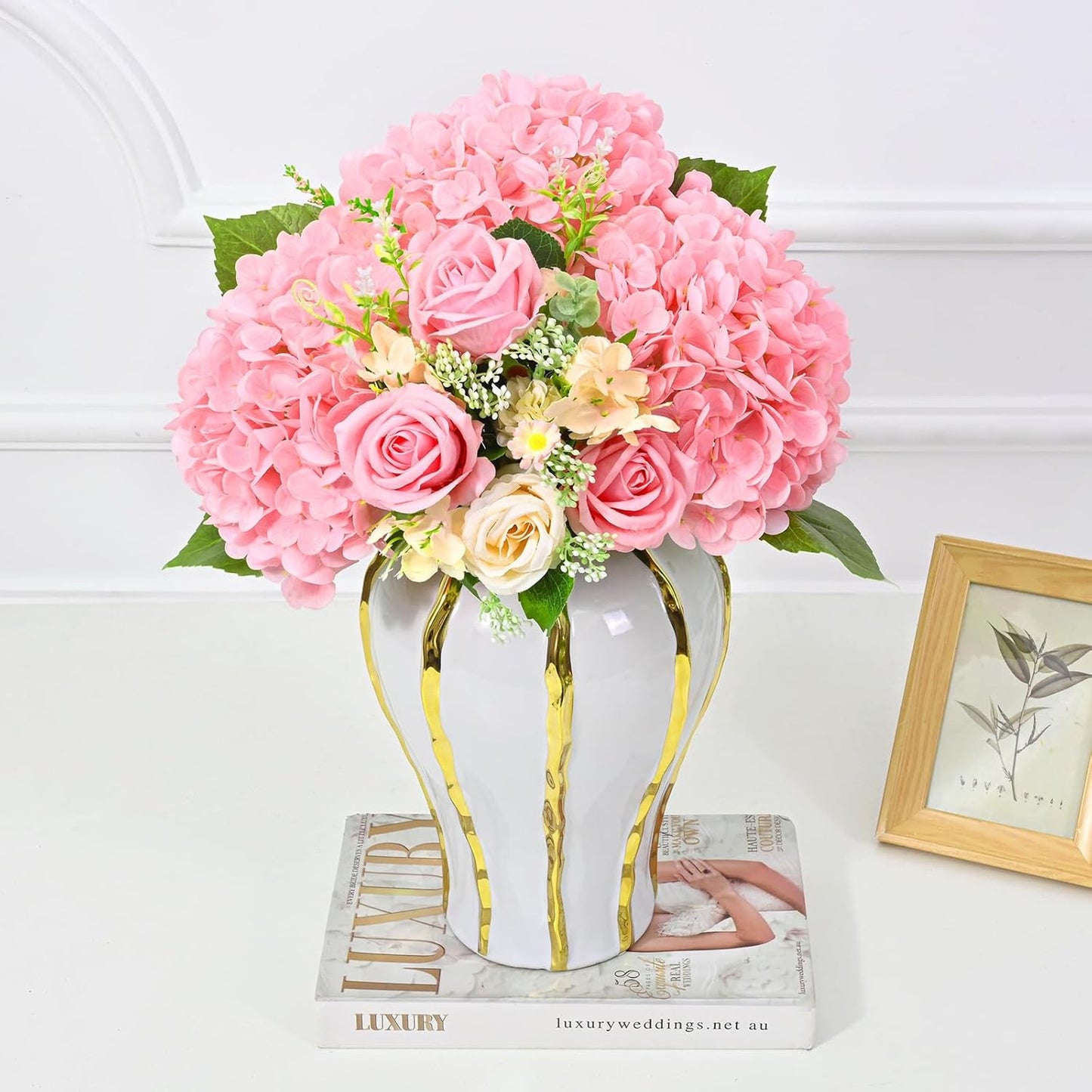 Artflower 4Pcs Real Touch Hydrangea Artificial Flowers, 22.5'' Pink Full Latex Faux Hydrangea Flowers for Home Floral Arrangements Wedding Bouquets Kitchen Table Centerpiece Decorations