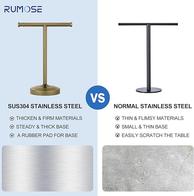 RUMOSE 13 Inch Antique Brass Towel Bar Stand Hand Holder Bathroom Kitchen Vanity Countertop T-Shape Towel Rack Free Standing Stainless Steel
