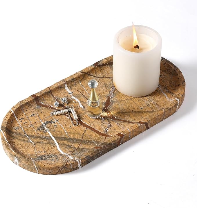 Koville Indian Natural Marble Tray, 12"x6" Vanity Decorative Tray for Countertop Organizer, Catchall Tray for Perfume, Candles, Jewelry Dish Tray