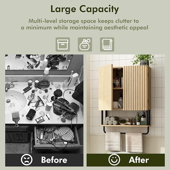 RUSTOWN Fluted Bathroom Wall Cabinet with 2 Doors, 3-Tier Modern Farmhouse Medicine Cabinet, Over The Toilet Storage Cabinet with Adjustable Shelf and Towel Bar (Natural, Medium)