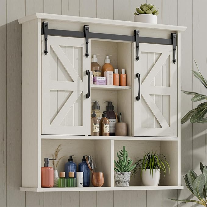 Vabches Bathroom Wall Cabinet, Farmhouse Medicine Cabinet with Double Sliding Barn Door and Adjustable Shelves, Wooden Vintage Storage Cabinet Wall Mounted for Bathroom, Kitchen Dining, White