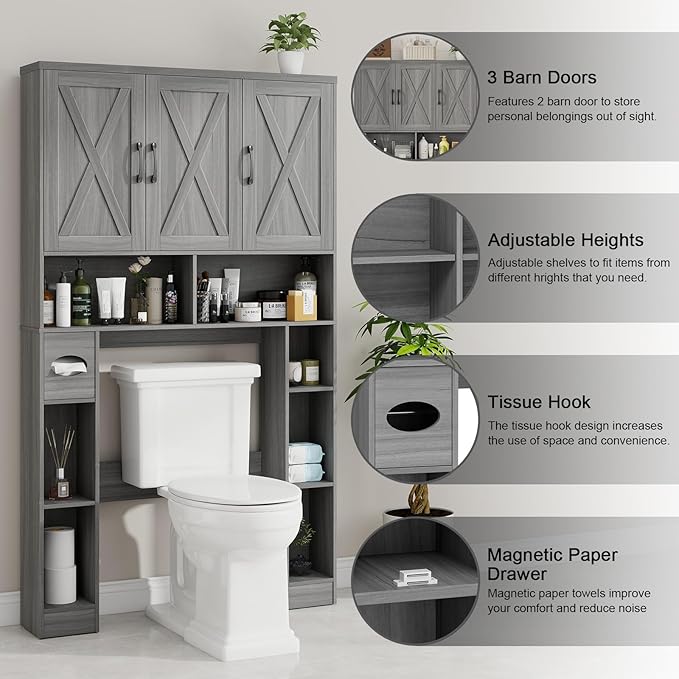 Over The Toilet Storage Cabinet, Farmhouse Toilet Cabinet Rack with 3 Barn Doors, Space Saving Bathroom Organizer with Shelves, Toilet Paper Holder and Towel Rack for Bathroom,Restroom,Laundry