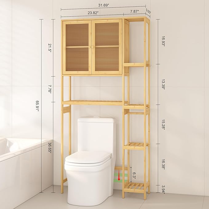 Over The Toilet Storage Cabinet Above Toilet Bathroom Organizer with Toilet Paper Holder Stand Bath Organizer with Adjustable Shelves & Acrylic Doors,Anti-Tip Device (Nature, 3 Tiers with Cabinet)