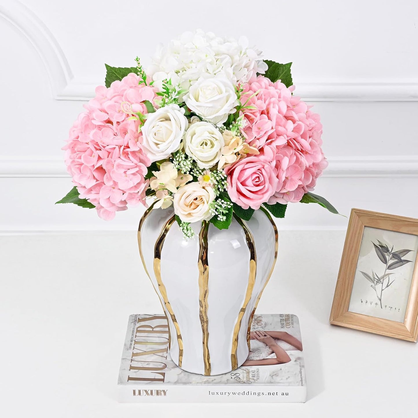 Artflower 4Pcs Real Touch Hydrangea Artificial Flowers, 22.5'' White & Pink Full Latex Faux Hydrangea Flowers for Home Floral Arrangements Wedding Bouquets Kitchen Table Centerpiece Decorations
