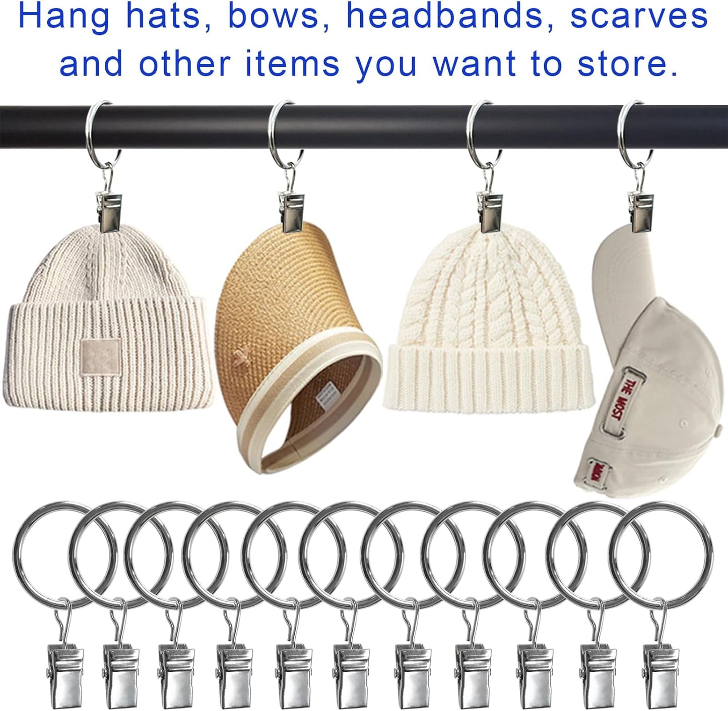 100 Pack Curtain Rings with Clips, Drapery Clips with Rings, Drapes Rings 1.26 in Interior Diameter, Fits up to 1 Inch Curtain Rod, Silver