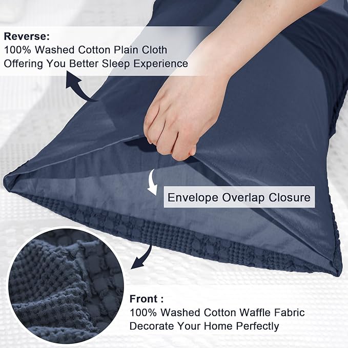 PHF 100% Cotton Waffle Pillow Shams Queen Size, 2 Pack 20" x 30" Soft Skin-Friendly Pillowcases, No Filling, Aesthetic Woven and Breathable Waffle Weave Pillow Case Covers for Bed, Dark Navy