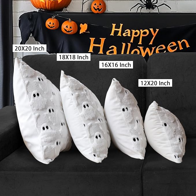 4TH Emotion Halloween Ghost Decorative Pillow Covers 16x16 Set of 2, White Soft Plush Faux Fur Farmhouse Throw Cushion Cases for Fall Autumn Holiday Home Decorations