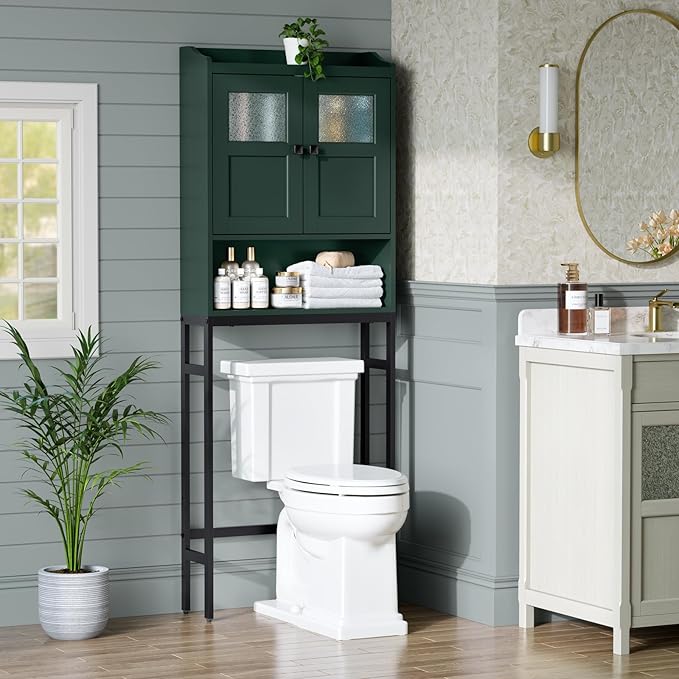 Over The Toilet Storage, Bathroom Over The Toilet Organizer, Above Toilet Storage with Double Doors and Soft Hinges Over Toilet Storage Shelf Over The Toilet Storage Cabinet (Forest Green)