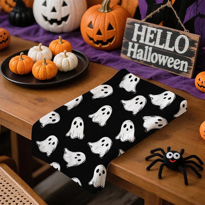 Halloween Kitchen Towels, Black White Spooky Ghost Dish Towels, Hand Towels Holiday Home Indoor Bathroom Party Seasonal Decorations Set of 2, 18x26 Inch