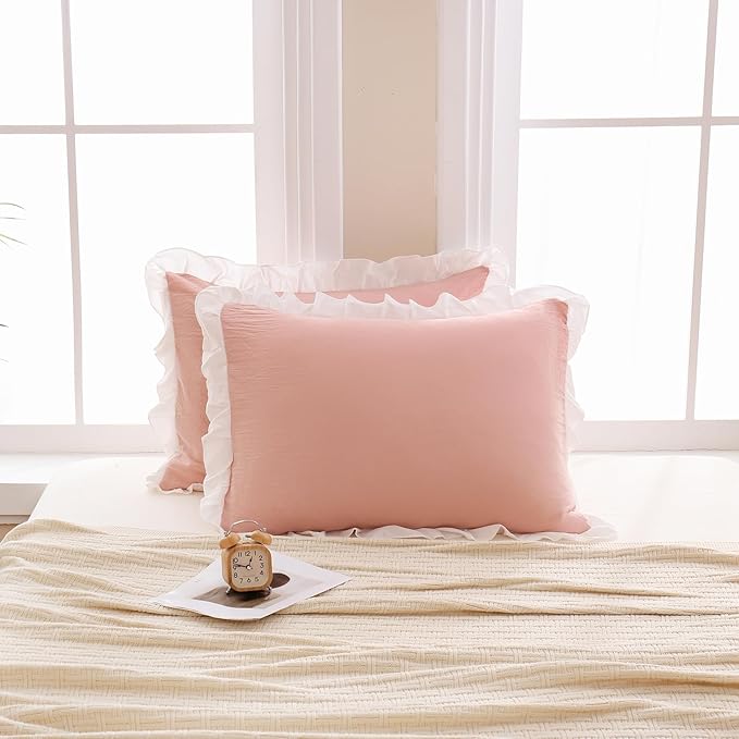 Merryword Pink Pillow Shams Pink and White Reversible Queen Pillowcases Cute Pillow Cover Set of 2 Soft Shabby Chic Ruffled Pillowcases 2 Pack (Queen (20''x30''), Pink White)