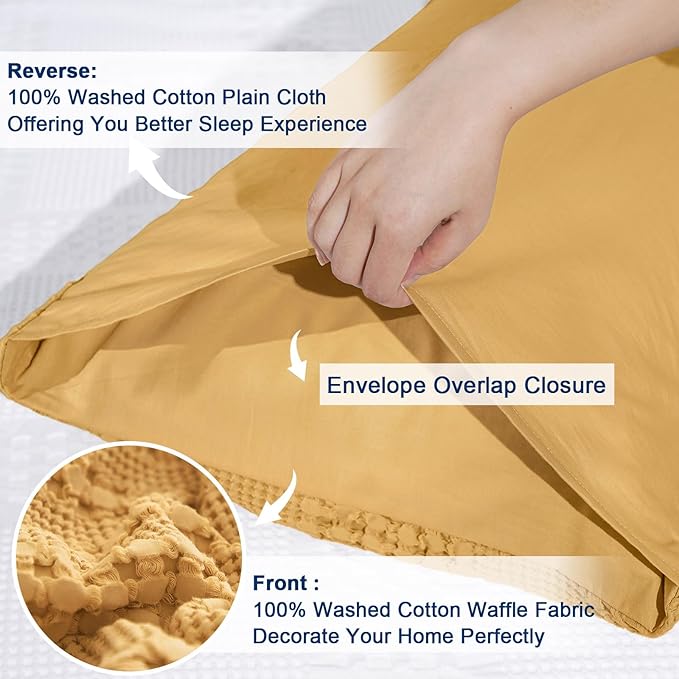 PHF 100% Cotton Waffle Pillow Shams Standard Size, 2 Pack 20" x 26" Soft Skin-Friendly Pillowcases, No Filling, Aesthetic Woven and Breathable Waffle Weave Pillow Case Covers for Bed, Honey Yellow