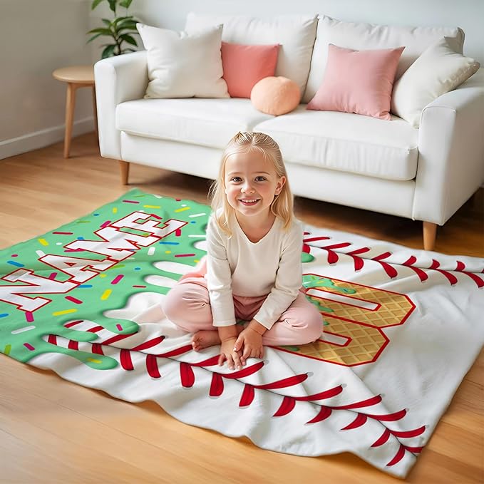 Kids Blanket for Boys Girls Custom Baseball Blankets for Gift, Green Cozy Soft Ice Cream Flannel Throws for Bed Travel Sofa Living Room Bedroom Decor Club