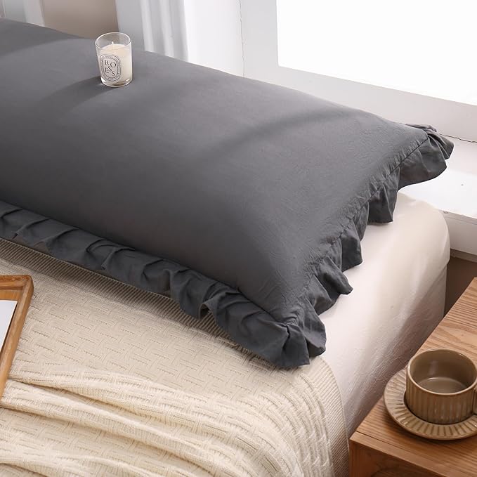 Merryword Reversible King Pillowcases Cute Pillow Cover Set of 2 Soft Shabby Chic Ruffled Pillowcases 2 Pack (King (20''x36''), Gray)