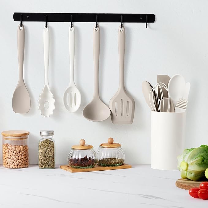 LIANYU Kitchen Utensils Set with Holder, 14 Pcs Silicone Cooking Utensils Spatula Set, Heat Resistant Cookware Tools Includes Spoon Turner Whisk Tong, Dishwasher safe, Khaki White