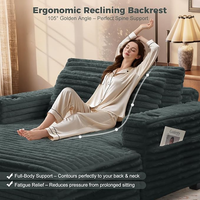 HUSFU Chaise Lounge Chair Indoor, 60'' Oversized Sleeper Sofa, Chaise Lounge Reading Chairs for w/Cup Holder and USB&Type C Port, Plush Faux Fur Cloud Sofas Couches for Living Room, Grey Blue, 2PCS