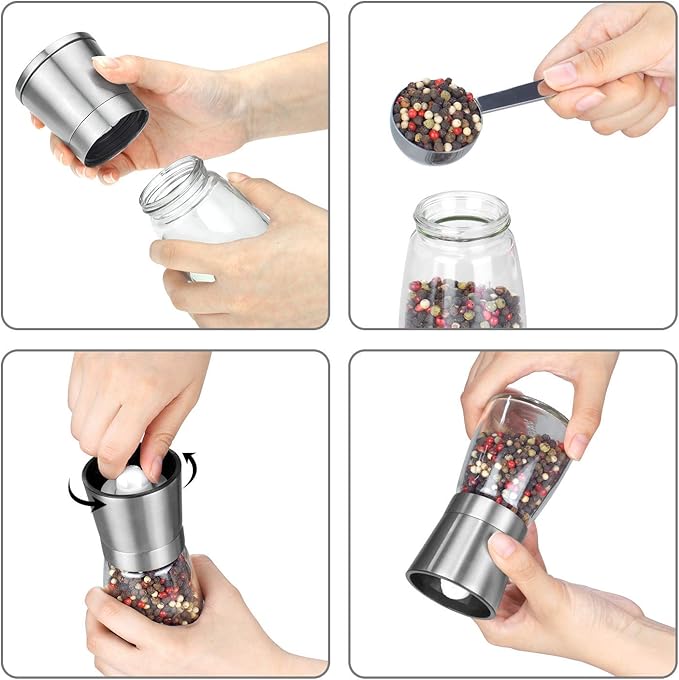 VEVOK CHEF Salt and Pepper Grinder Set Stainless Steel Adjustable Coarseness Ceramic Pepper Mill Salt Crusher with Silicone Tray Salt and Pepper Shaker Spice Grinder Kitchen