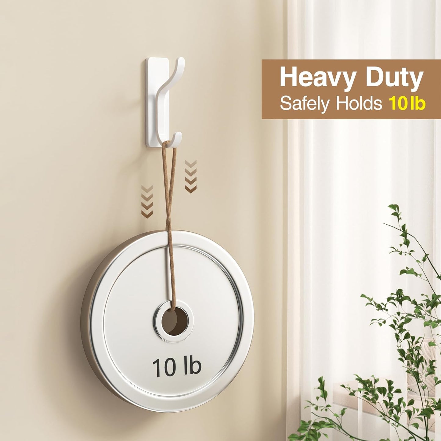 10-Pack Self Adhesive Wall Hooks for Hanging - 13 LB Strong Hold, Sticky Hangers for Coat, Towel, Purse, Keys, Bag - for Wall, Door, Bathroom, Shower, Dorm, Kitchen - Stainless Metal, White