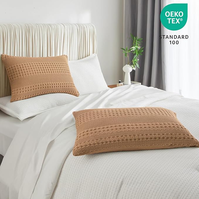 PHF 100% Cotton Waffle Pillow Shams Queen Size, 2 Pack 20" x 30" Soft Skin-Friendly Pillowcases, No Filling, Aesthetic Woven and Breathable Waffle Weave Pillow Case Covers for Bed, Camel