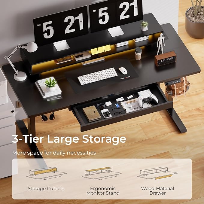 GTPLAYER Electric Standing Desk with Drawers, 48 x 24 Inch Height Adjustable Gaming Desk with Monitor Stand, Power Outlets & LED Lights, Home Office Sit Stand Up Desk with Memory Preset (Ebony Black)