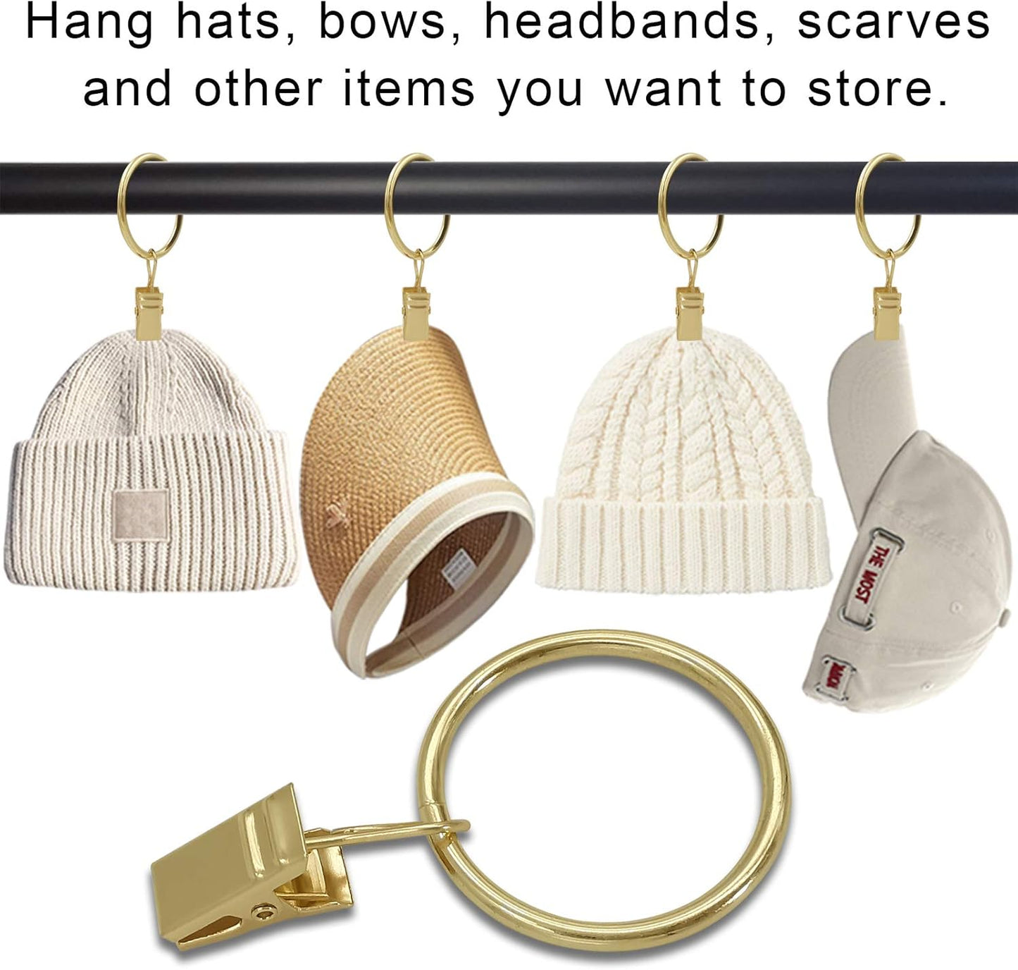 100 Pack Curtain Rings with Clips, Drapery Clips with Rings, Drapes Rings 1.26 in Interior Diameter, Fits up to 1 in Curtain Rod, Gold Color