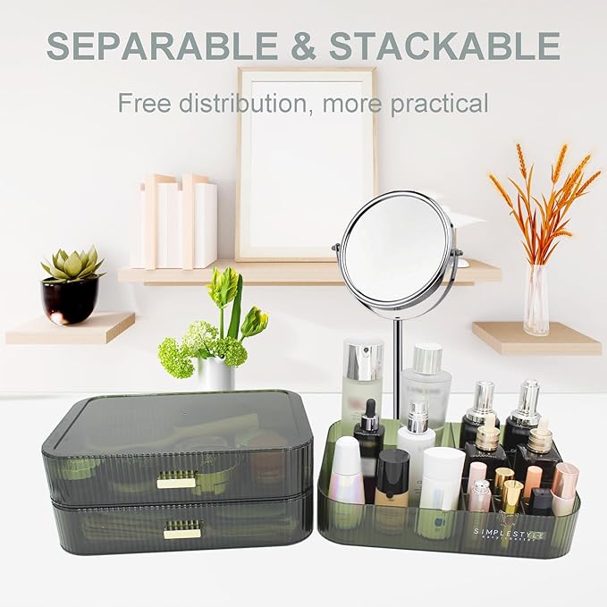 Makeup Organizer with 2 Drawers, Cosmetics Organizer for Bedroom and Bathroom Vanity Countertops, Large Capacity Cosmetic Storage Box for Skincare Cream Perfume Lipstick Dresser Counter-Green