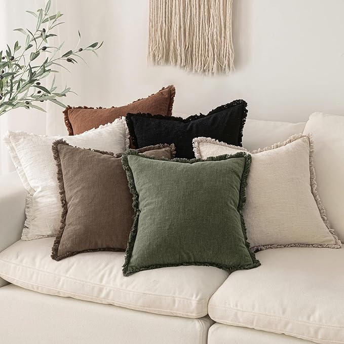 MIULEE Fall Decorative Throw Pillow Covers Neutral Linen Fringe Throw Pillows Set of 2 Late Autumn Boho Farmhouse Cushion Covers for Couch Sofa Bed Living Room Spring Home Decor 18x18 Inch