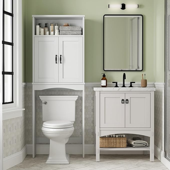 Over The Toilet Storage Cabinet, Over Toilet Bathroom Organizer with Adjustable Shelf and Double Doors, Space Saver Shelf Above Toilet Storage Cabinet (White)
