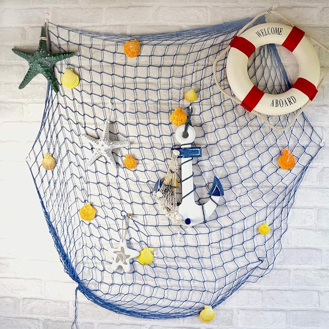 Natural Fishing Net Decor with Shells 79 Inch Beach Theme Decor for Party Home Bedroom Wall Hanging Fish Net Decorations (Sea Blue)
