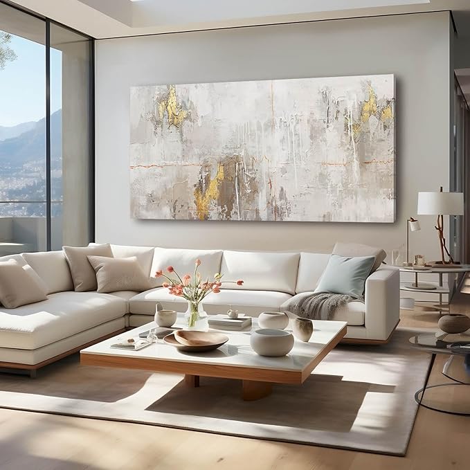 VAYIMDH Minimalist Wall Decor White with Gold Canvas Wall Art Grunge Posters Modern Abstract Paintings for Living Room Bedroom Dining Room 29"x 58"