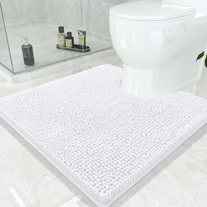 Smiry Luxury Chenille Toilet Rugs U-Shaped 24x24, Soft Absorbent Non-Slip Contour Bathroom Rugs for Toilet, Machine Washable Contoured Bath Mats, White