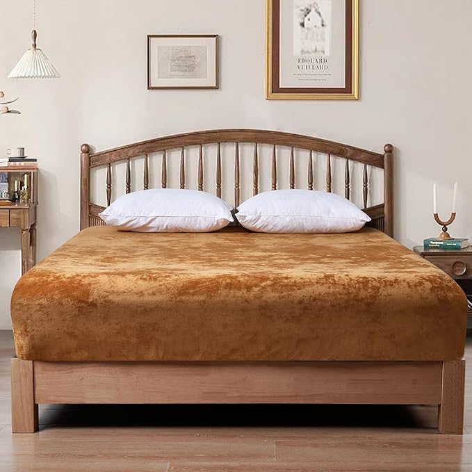 PHF Truly Velvet Fitted Sheet Only Twin Size, Luxury Super Soft Cozy Fuzzy Fleece Bottom Sheet, Deep Pocket Up to 16",Strenghth Elastic Band, Suitable for Fall Winter Spring,No Pillowcases,Brown Sugar