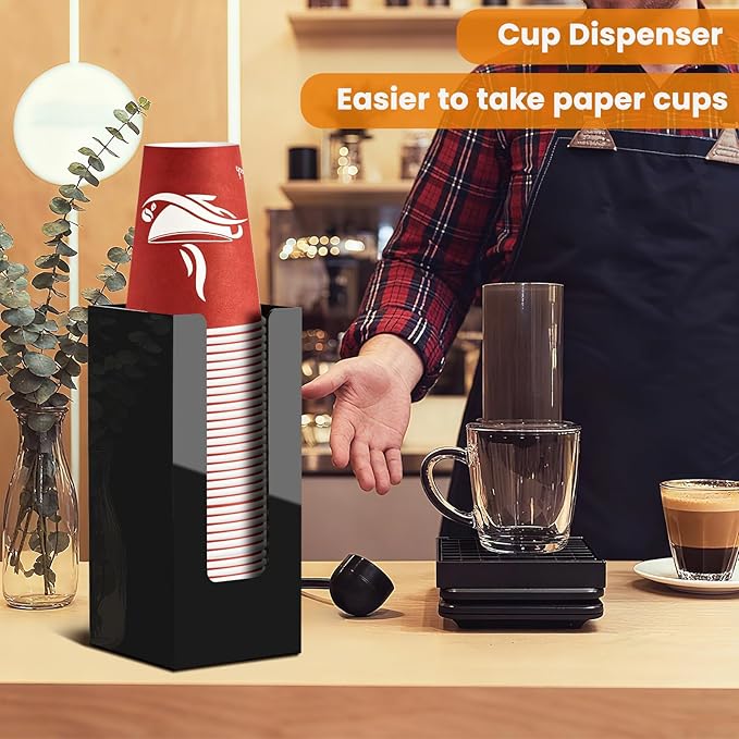 MYITYARD Coffee Cup Dispenser, Cup and Lid Organizer fits 5 to 16 oz Disposable Paper & Plastic Cups, Acrylic Cup Holder for Table Countertop, Black