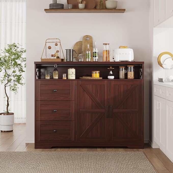 47" Dark Brown Farmhouse Storage Cabinet with Barn Doors and Drawers, Sideboard Buffet Cabinet with Storage, Kitchen Pantry Hutch, Coffee Bar Station Table for Kitchen, Living, Dining Room