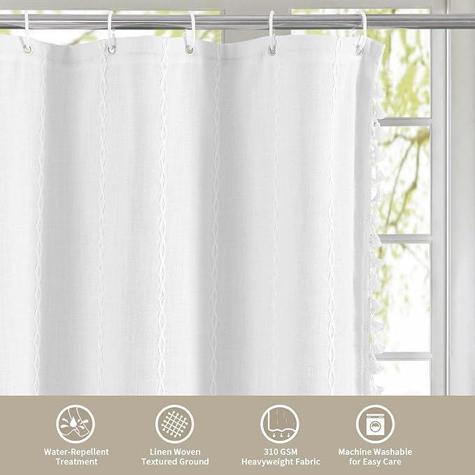 MitoVilla Boho Farmhouse Shower Curtains for Modern Farmhouse Bathroom Decor, White Country Thick Polyester Linen Fabric Shower Curtain, Rustic Tassel Cloth Shower Curtain, 72 x 72, White